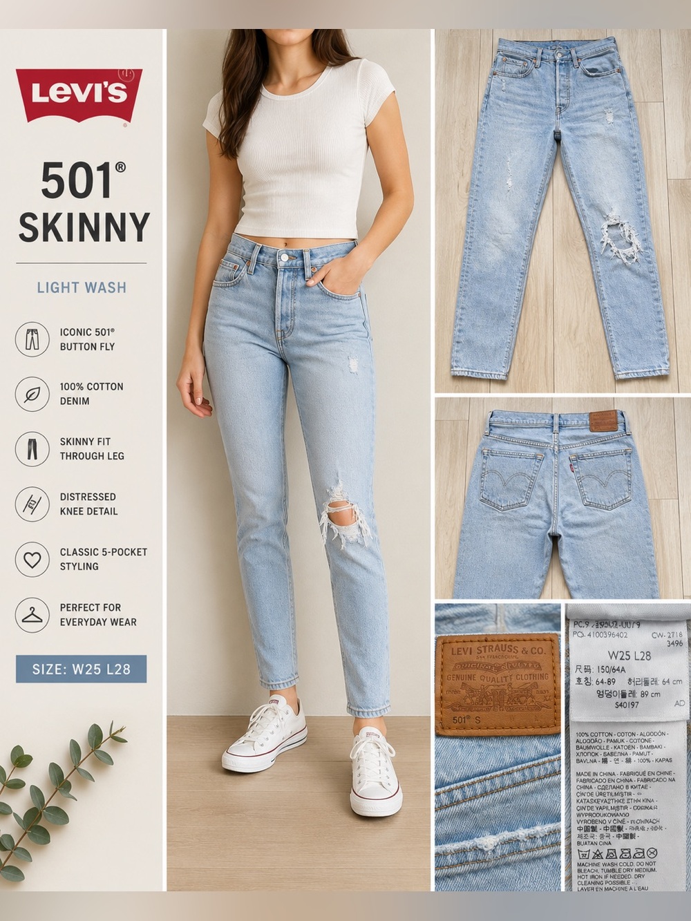 Levi’s 501 Skinny Distressed Jeans Women’s W25 L28 Light Wash High Rise Denim